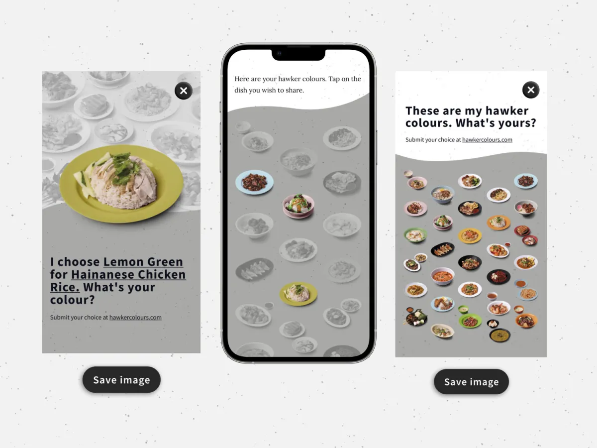 the shareable result cards, one dish and colour or the whole set of plates