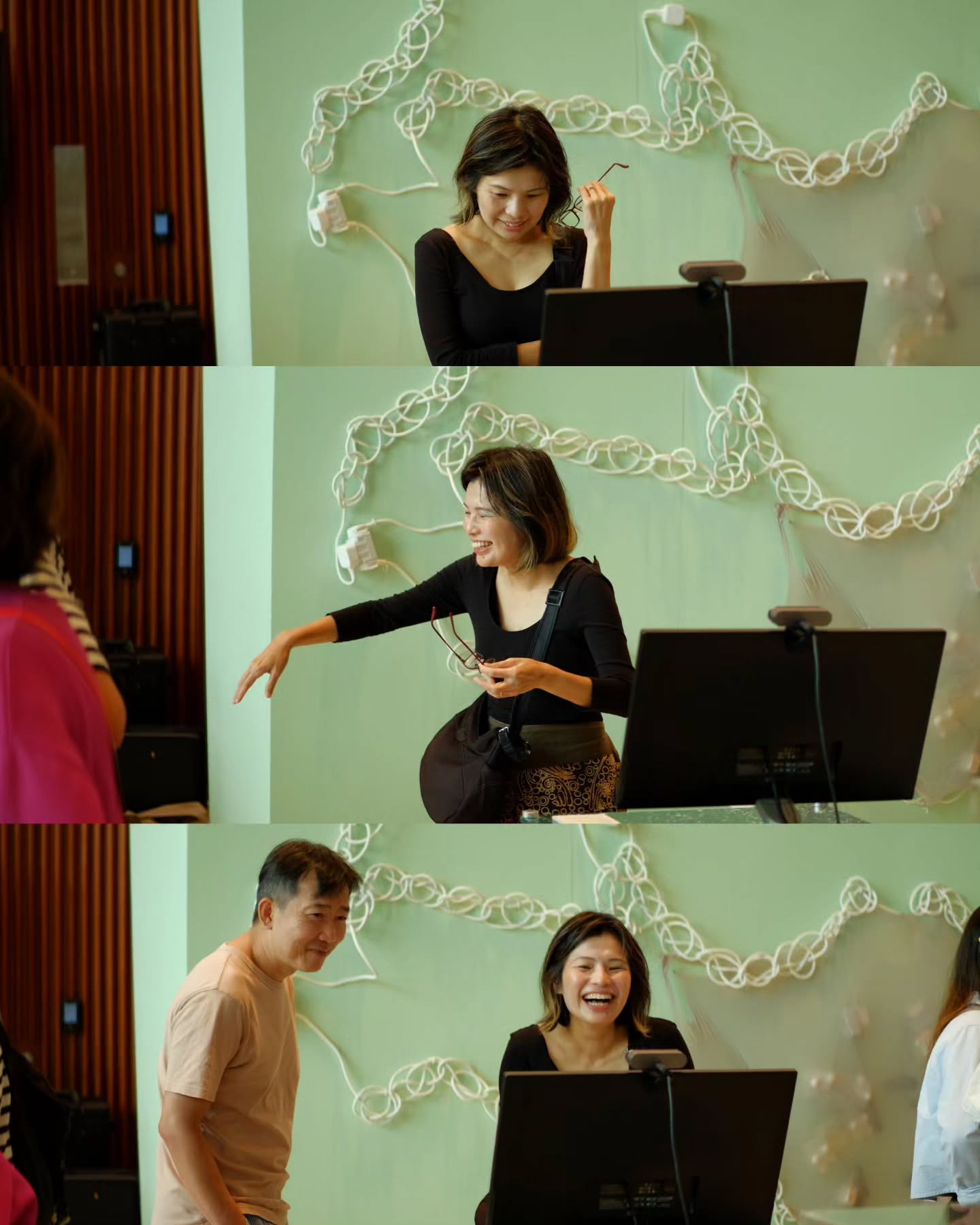 three shots of a visitor at the booth laughing and swinging an arm at the screen