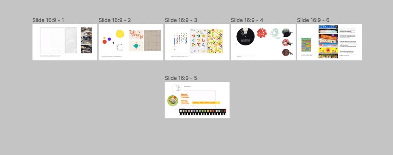 moodboard slides: speckled melamine textures, dot patterns, playful japanese type and early saving hawker colours logo studies